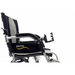 The image shows a close-up side view of a lightweight mobility device with a black fabric seat and backrest, featuring the Karma logo. It includes metal curved armrests, footrests, and an adjustable Karman Cup Holder for Mobility Aids, set against a white background.