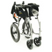 The Karman Ergo Flight Ultra Lightweight Ergonomic Transport Chair features large rear wheels, smaller front wheels, a silver metal frame, and ergonomic handles. Its black seat includes a mesh section for added comfort.