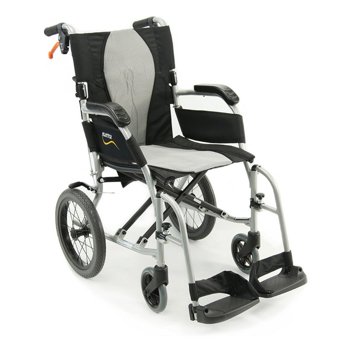 The Karman Ergo Flight Ultra Lightweight Ergonomic Transport Chair features a sleek silver frame, large rear wheels, small front casters, and a black and gray seating area, along with ergonomic armrests, footrests, and hand brakes on the handles for convenience.