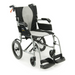 The Karman Ergo Flight Ultra Lightweight Ergonomic Transport Chair features a sleek silver frame, large rear wheels, small front casters, and a black and gray seating area, along with ergonomic armrests, footrests, and hand brakes on the handles for convenience.