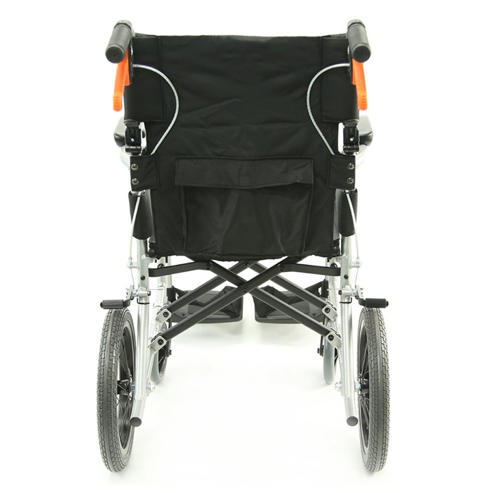 The image features the Karman Ergo Flight Ultra Lightweight Ergonomic Transport Chair, crafted from aircraft-grade aluminum. It has a foldable design, large rear wheels, small front wheels, orange handles, and a convenient back storage pocket for easy access.