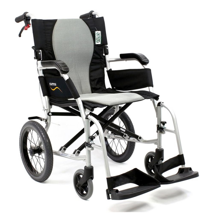 The Karman Ergo Flight Ultra Lightweight Ergonomic Transport Chair features a black and gray seat, foldable design, large rear wheels, smaller front wheels, footrests, red-accented handles, and the Karma brand logo on the backrest for an excellent mobility solution.