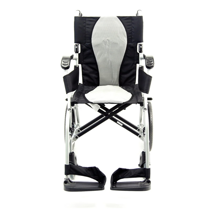 The Karman Ergo Flight Ultra Lightweight Ergonomic Transport Chair features a sleek black and silver frame, an ergonomic gray seat and backrest, comfortable footrests and armrests. Compact and foldable, its ideal for easy transport and storage.
