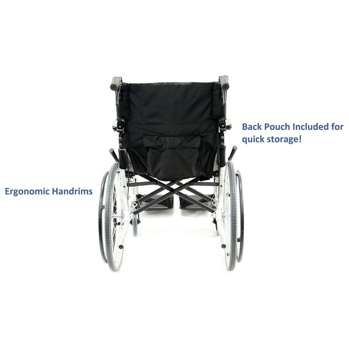 The Karman Ergo Flight Ultra Lightweight Ergonomic Wheelchair, viewed from the rear, highlights its ergonomic hand rims and convenient back pouch, emphasizing long-term mobility.