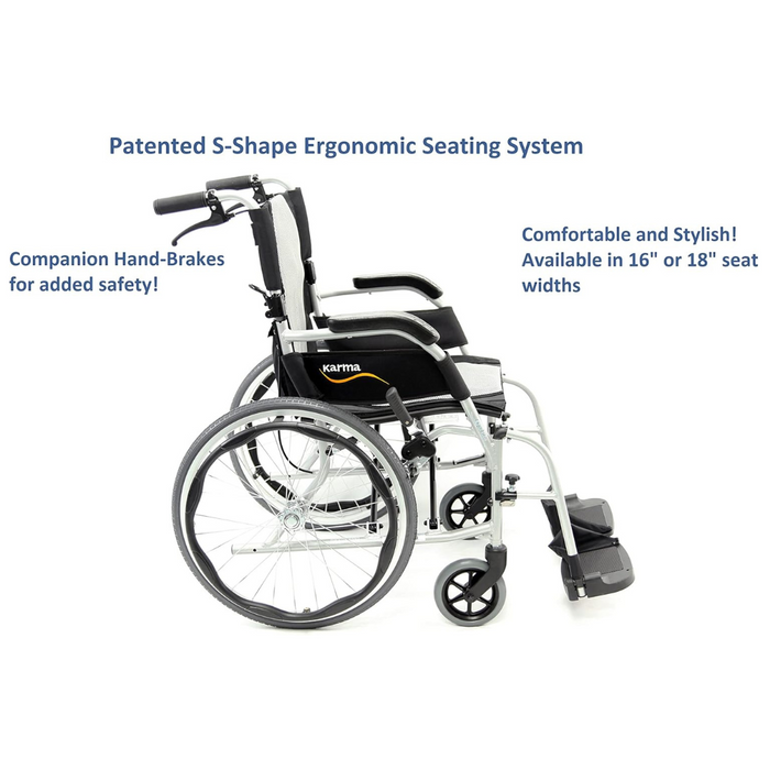 The Karman Ergo Flight Ultra Lightweight Ergonomic Wheelchair features a patented S-shape seating system for comfort and safety. With companion hand-brakes and 16 or 18 seat width options, its design ensures long-term mobility while being stylish.