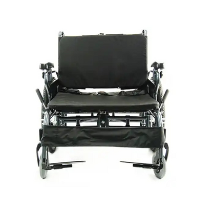 A front view of the Karman KM-BT10 Extra Wide Wheelchair, featuring large all-terrain rear wheels, black frame, padded seat and backrest, and extended footrests, isolated on a white background.