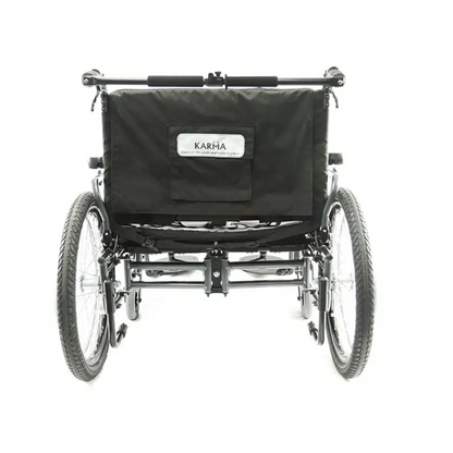 The Karman KM-BT10 Extra Wide Wheelchair with All-Terrain Rear Wheels is shown from the back, featuring large rear wheels, smaller front wheels, and a fabric backrest with a KARMA label against a white background.