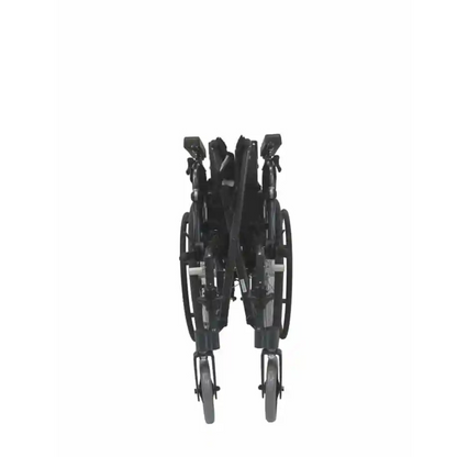 A folded Karman Aluminum Ultra Lightweight MVP-502 Reclining Wheelchair in black is shown from the front against a white background.