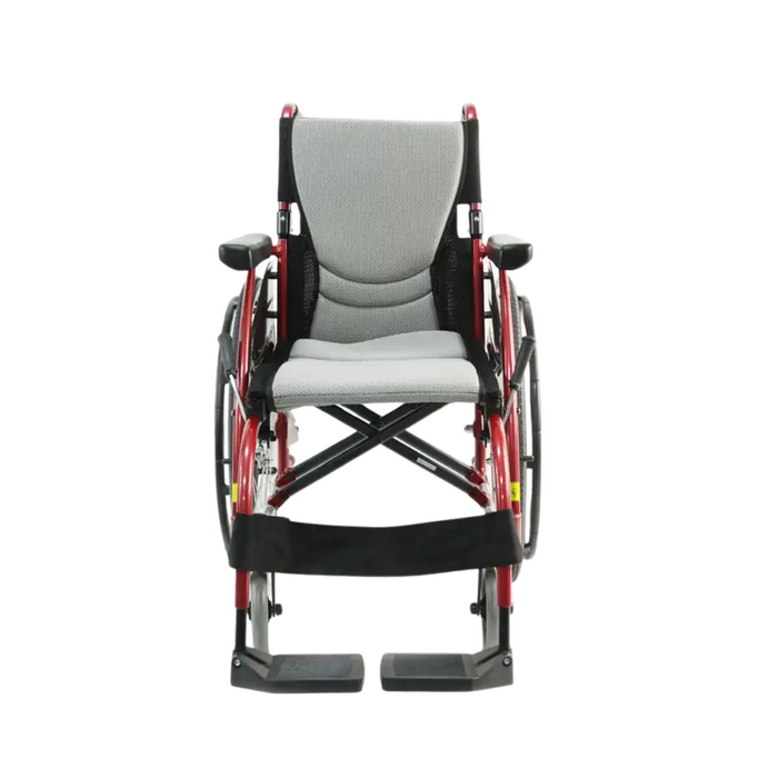 Check out the Karman S-Ergo 105 Wheelchair, featuring a lightweight red frame, gray cushioned seat with an S-shaped ergonomic design, sleek black armrests and footrests, and small rear wheels for easy maneuverability.