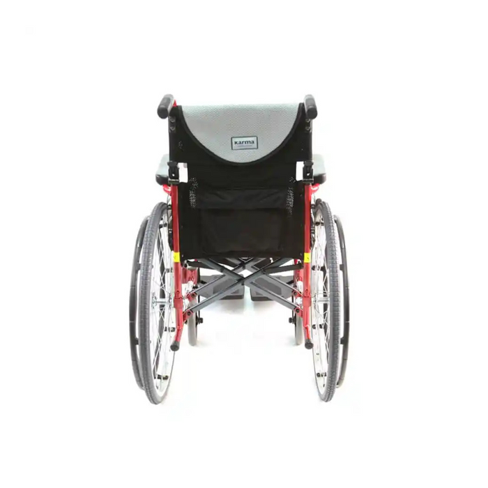 The rear view of the Karman S-Ergo 105 Wheelchair highlights its red and black design, S-shaped ergonomic seat, grey backrest, and large thin wheels, offering a lightweight ergonomic experience.