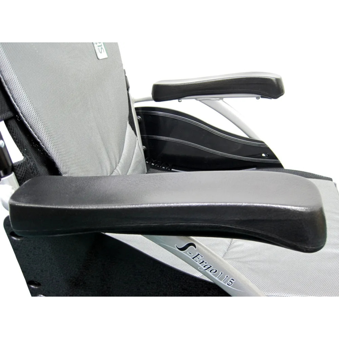 Close-up of the Karman S-Ergo 115 Ultra Lightweight Ergonomic Wheelchair, weighing only 25 lbs, featuring a modern design with padded armrests and an ergonomic seating system in a sleek blend of black and gray materials.