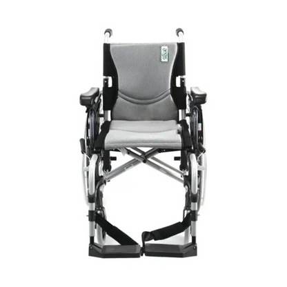 Introducing the Karman S-Ergo 305 Ultra Lightweight Ergonomic Wheelchair. This wheelchair offers long-term mobility and convenience with a foldable design, gray seat and backrest, ergonomic armrests, footrests, handles, and large rear wheels for easy everyday use.