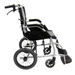 Side view of the Karman Ergo Lite Ultra Lightweight Ergonomic Transport Chair, weighing only 18 lbs, with a silver frame, black seat, and armrests. It features large rear wheels and smaller front ones for easy transport and maneuverability.