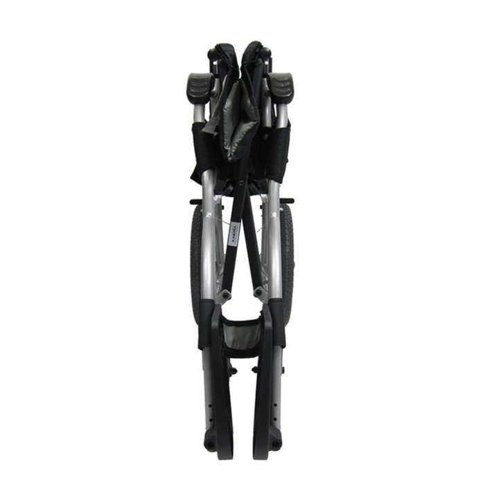 A compact, ultra-lightweight transport chair with a silver frame and black accents, shown from the back, highlighting its ergonomic wheels and design.