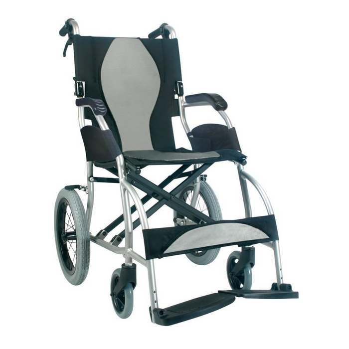 The Karman Ergo Lite Ultra Lightweight Ergonomic Transport Chair weighs just 18 lbs and features a foldable design with black and gray fabric. It includes armrests, footrests, large rear wheels, and smaller front wheels for enhanced maneuverability and comfort.
