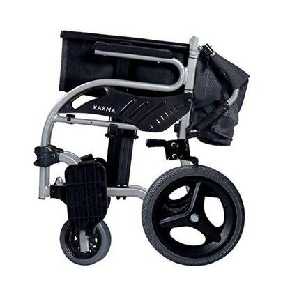 The Karman Healthcare STAR 2 Lightweight Folding Transport Chair features a black fabric seat, silver aircraft-grade aluminum frame, and large rear wheels for easy transport and storage.