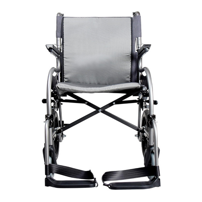 The Karman Healthcare STAR 2 Lightweight Folding Transport Chair features a front view with an empty gray seat and backrest, black footrests, and a metal aircraft-grade aluminum frame for mobility assistance.