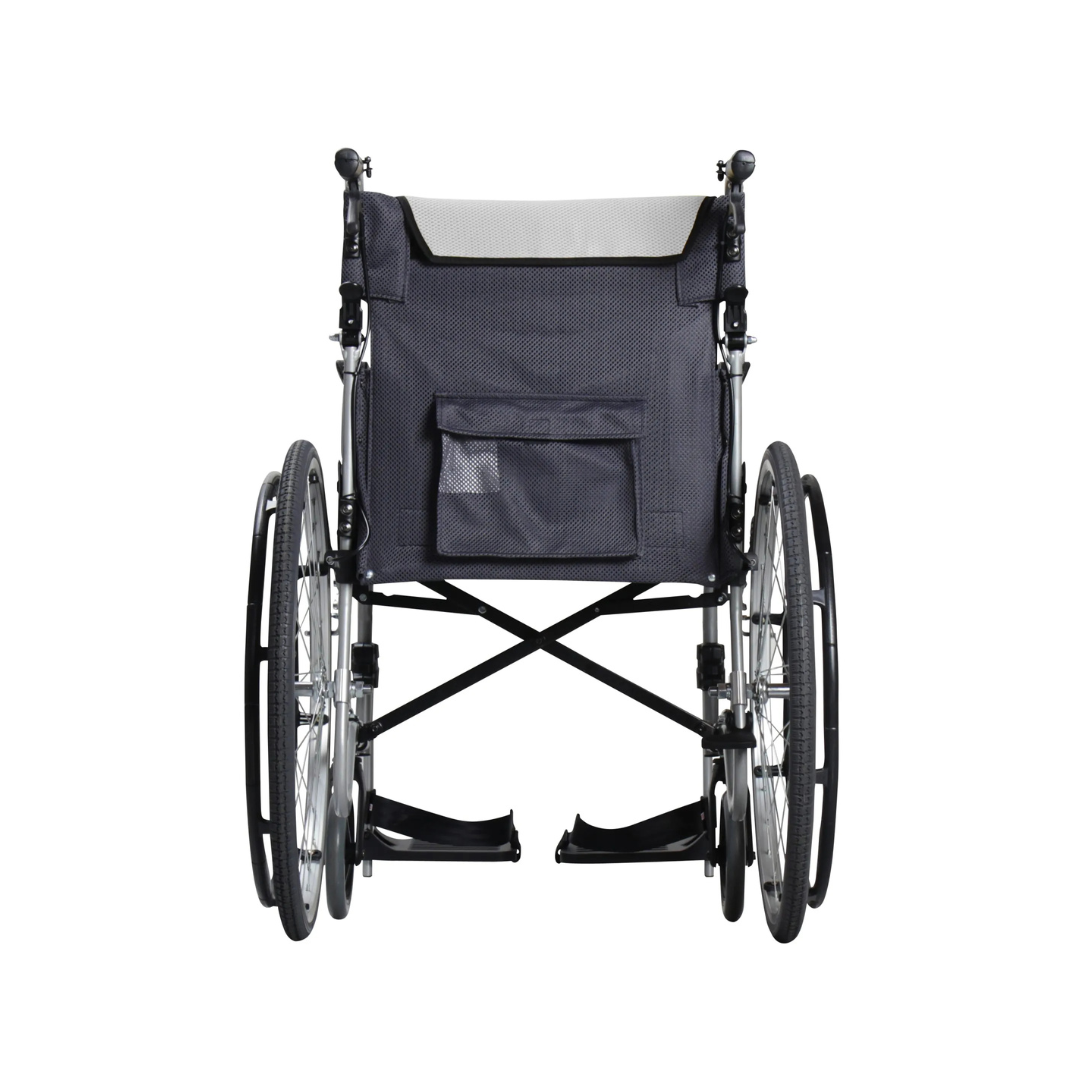 Rear view of a Karman Healthcare STAR 2 Lightweight Folding Wheelchair with large rear wheels, dark fabric backrest with pocket, and footrests, shown against a white background.