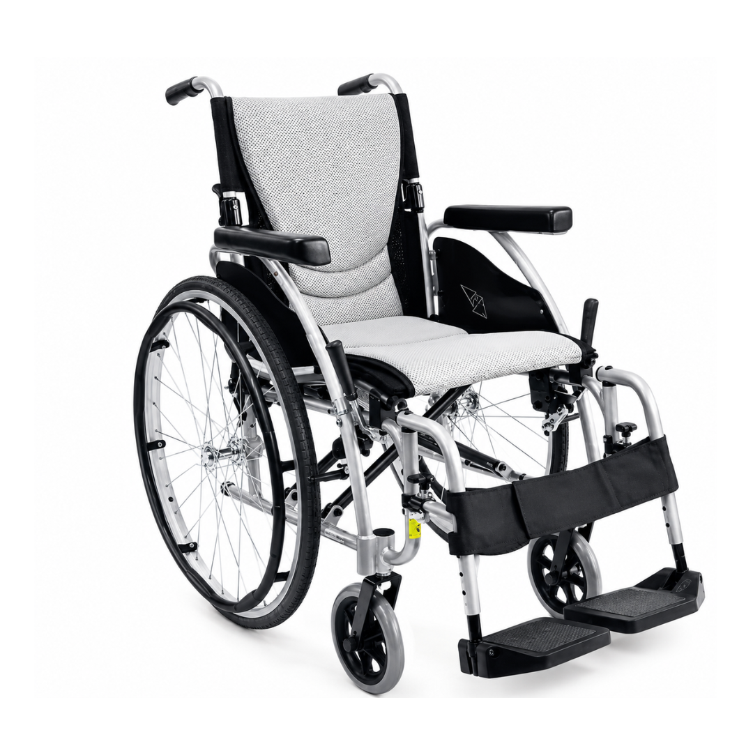 The Karman S-Ergo 125 Ergonomic Lightweight Wheelchair with flip back arms features large rear wheels, small front wheels, padded seat and backrest, armrests, and footrests for comfort and mobility. Shown on a white background. Ideal for travel or daily use.