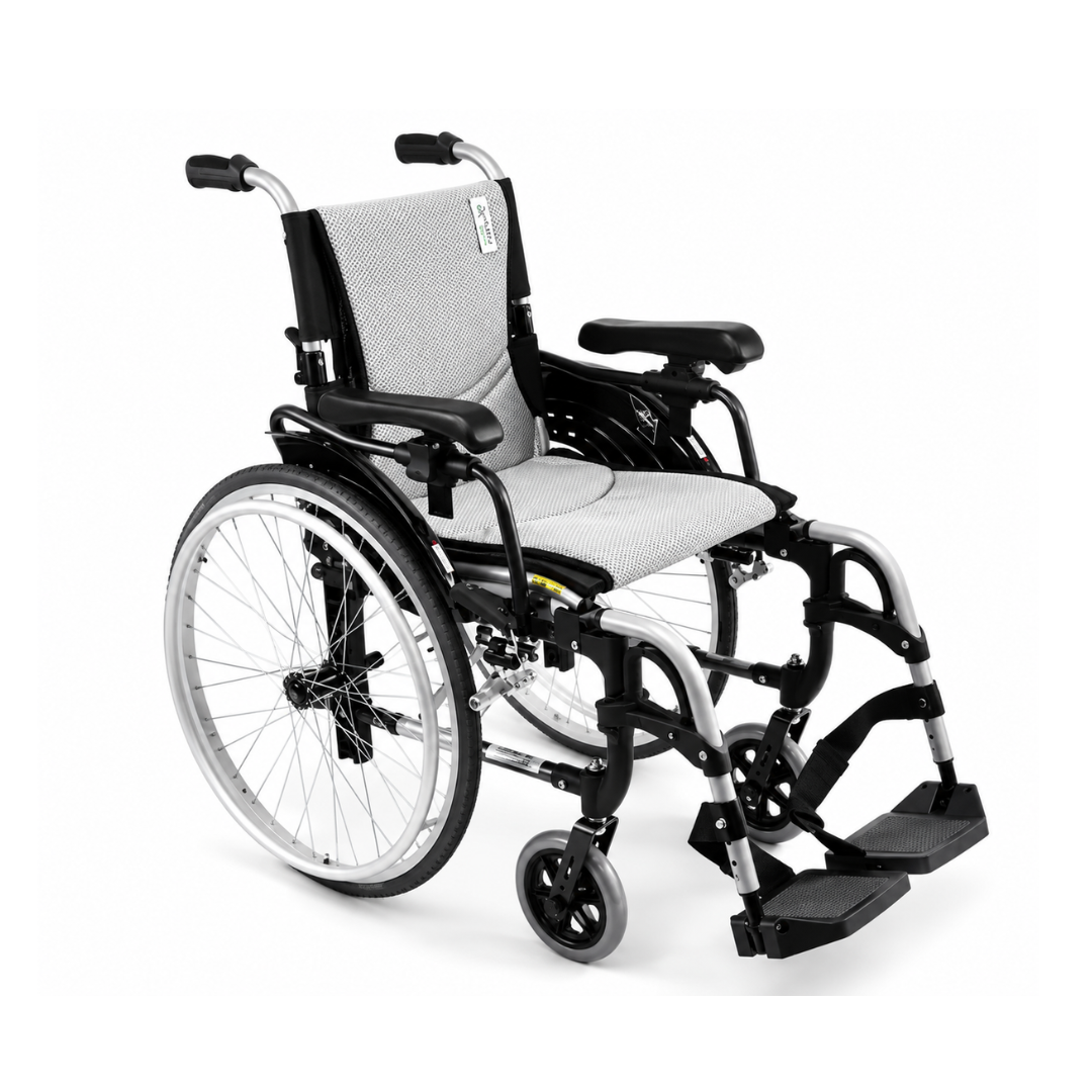 The Karman S-Ergo 305 Ultra Lightweight Ergonomic Wheelchair features large rear wheels, small front wheels, padded gray seat and backrest, black armrests, adjustable footrests, and adjustable seat height for comfort and mobility. Shown on a white background.