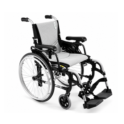 The Karman S-Ergo 305 Ultra Lightweight Ergonomic Wheelchair features large rear wheels, small front wheels, padded gray seat and backrest, black armrests, adjustable footrests, and adjustable seat height for comfort and mobility. Shown on a white background.