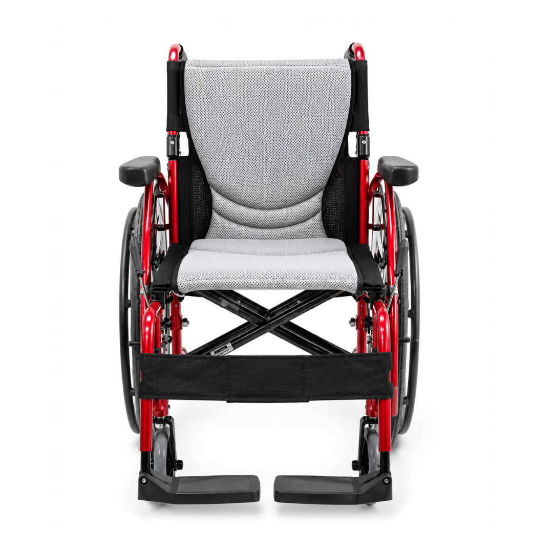 Front view of the Karman S-Ergo 125 Ergonomic Lightweight Wheelchair with flip-back arms, padded gray seat and backrest, armrests, footrests, in red and black colors on a white background.