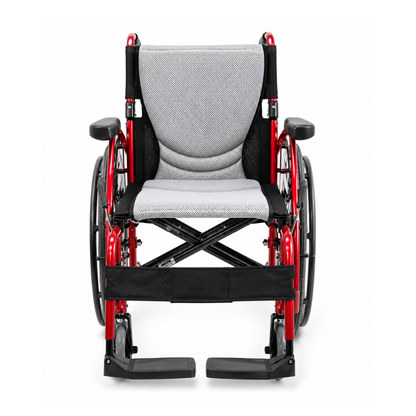 Front view of the Karman S-Ergo 125 Ergonomic Lightweight Wheelchair with flip-back arms, padded gray seat and backrest, armrests, footrests, in red and black colors on a white background.