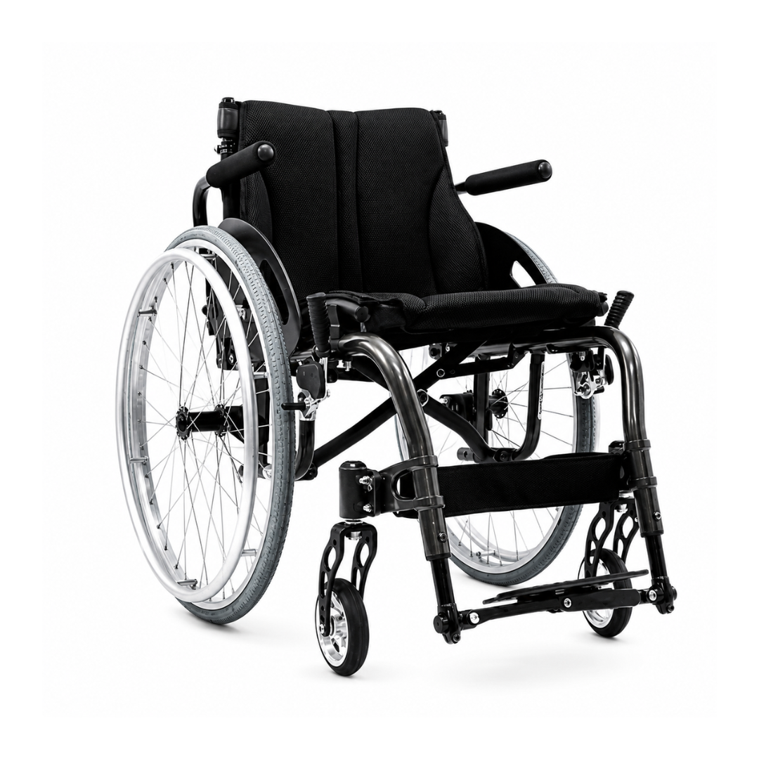The Karman S-Ergo ATX Active Wheelchair - Ultralite Only 26 lbs features large rear wheels, small front casters, a padded seat and backrest, and adjustable footrests, displayed against a plain white background.