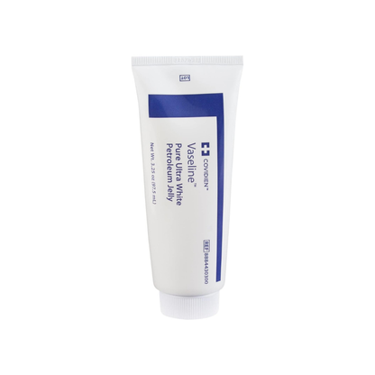 A 3.25 oz tube of Kendall Vaseline Pure Ultra White Petroleum Jelly, a trusted skin protectant, with blue labeling stands upright on a white background.