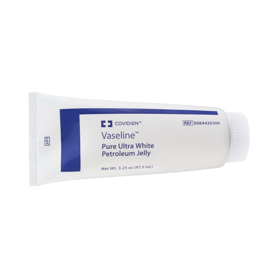 A white tube of Kendall Vaseline Pure Ultra White Petroleum Jelly, 3.25 oz, with blue accents, lies on its side against a plain white background.