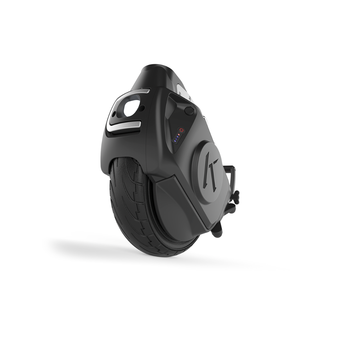 A black electric unicycle with a single large tire, modern angular design, and multiple buttons and ports—like the Klaxon® Twist Mobility Power-Assist Hub | Wheelchair Power Assist—shown on a white background.