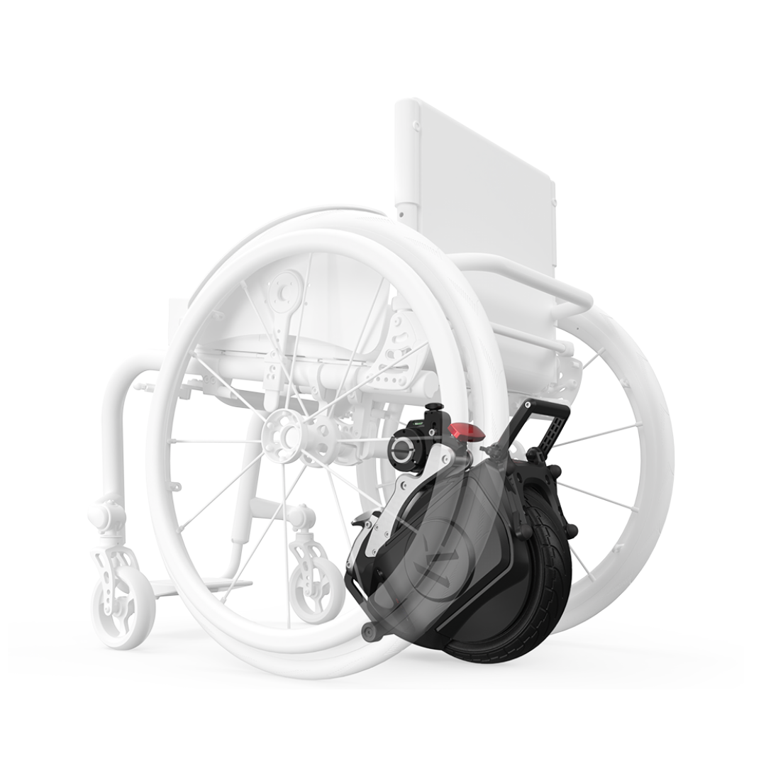 A wheelchair features the Klaxon® Twist Mobility Power-Assist Hub | Wheelchair Power Assist, a compact, detachable motorized device on one wheel shown in white semi-transparency to highlight enhanced mobility.