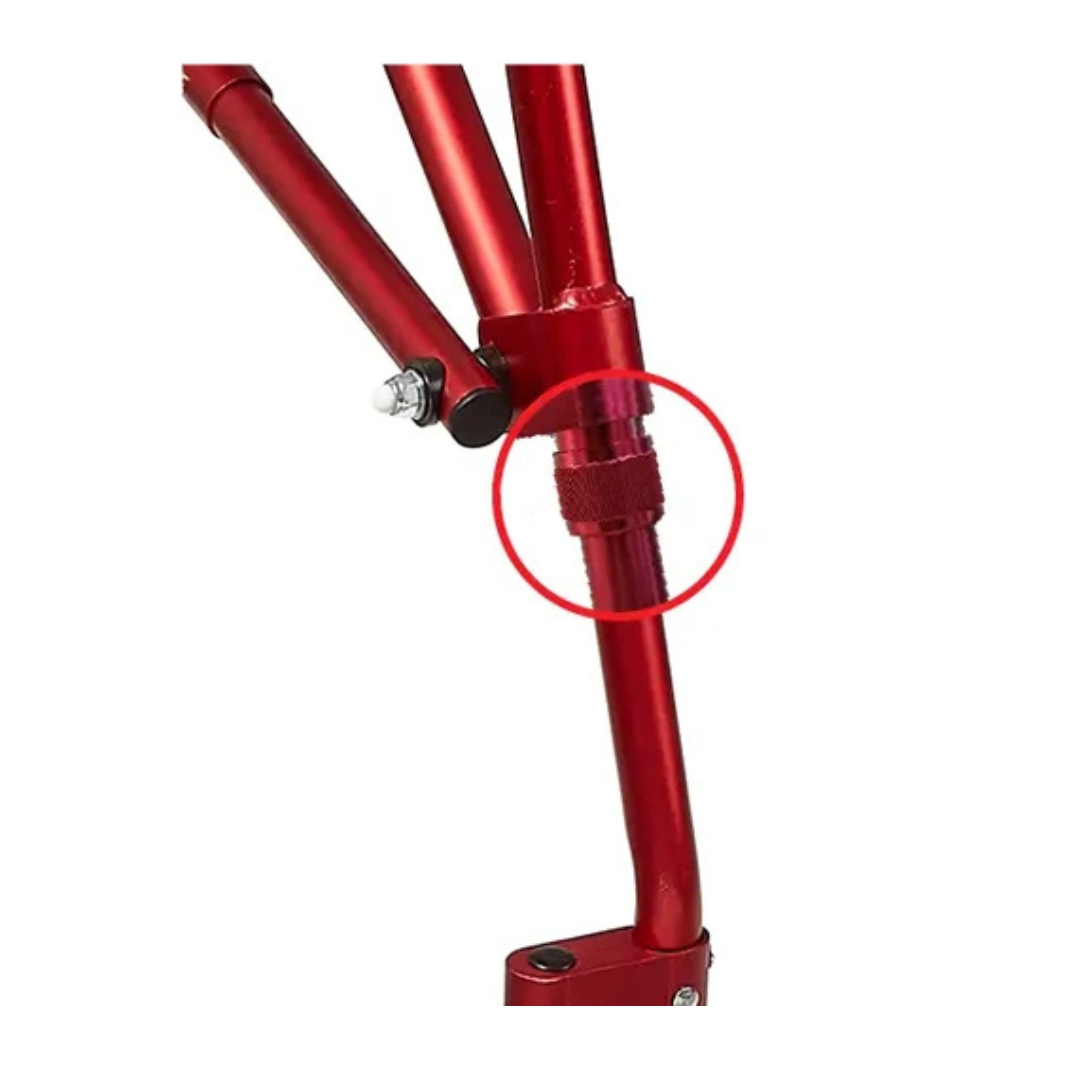 Close-up of the Circle Specialty Klip Pediatric Posterior Walker’s red metal frame, highlighting adjustable parts with a red circle, including a knurled adjustment knob and bolts, shown on a white background.