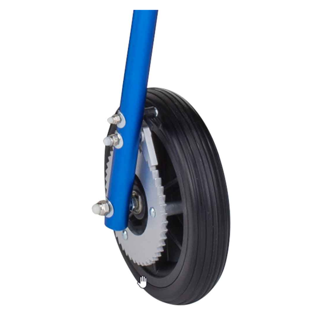 A close-up of the black rubber wheel with plastic spokes on the blue metal frame of the Circle Specialty Klip Pediatric Posterior Walker, showing a silver gear and bolts. A hand-shaped cursor appears near the tire.
