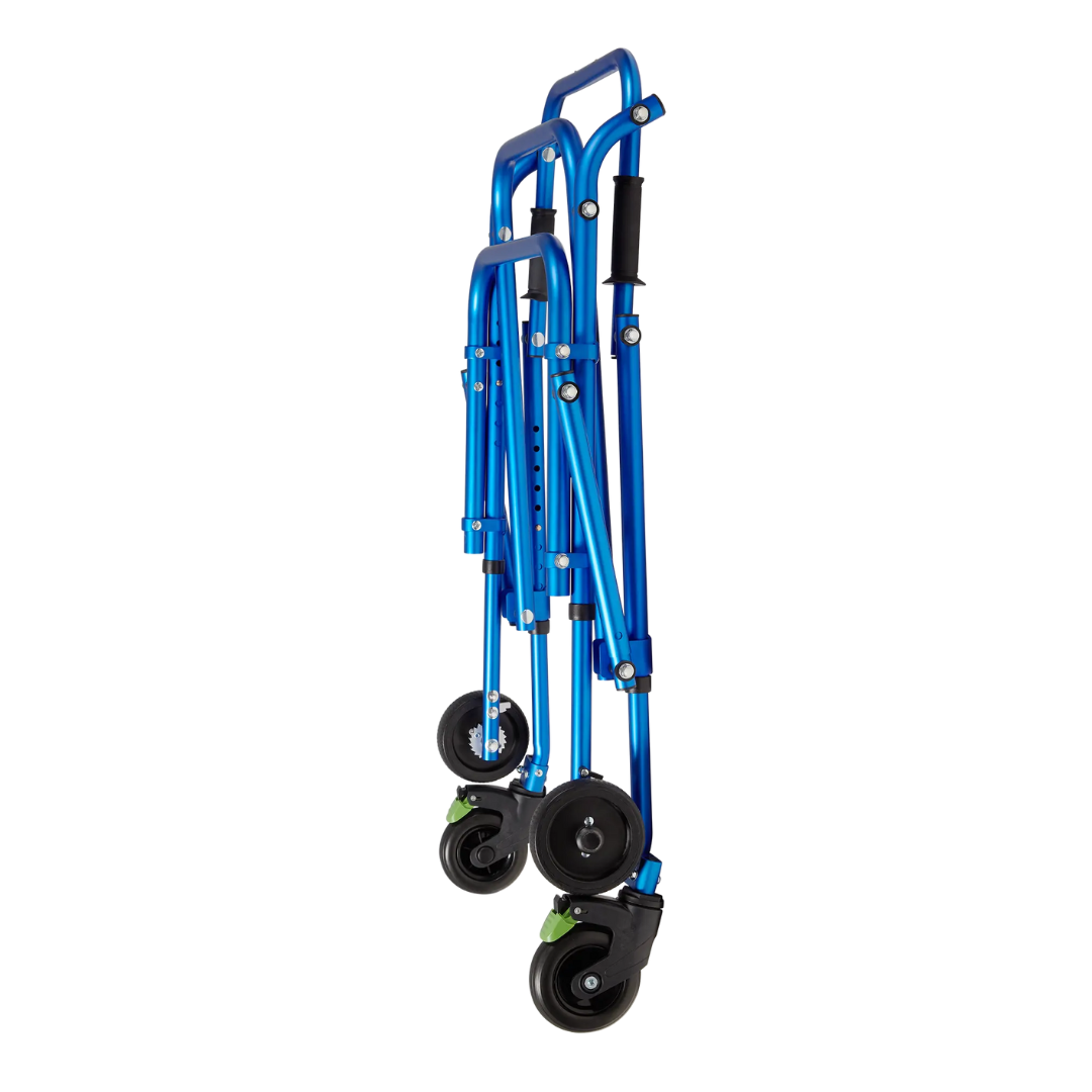 Two lightweight blue Circle Specialty Klip Pediatric Posterior Walkers, each with black wheels and green accents, are shown folded upright against a white background.