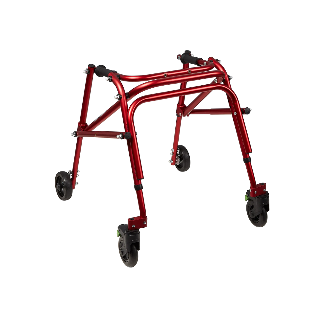 The Circle Specialty Klip Pediatric Posterior Walker is a red, lightweight, foldable walker with four wheels, black hand grips, and adjustable legs for children with special needs, shown on a white background.