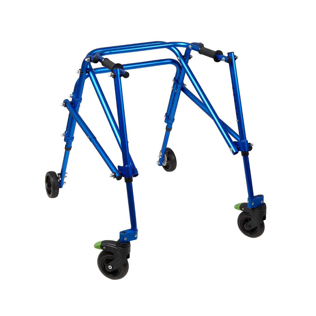 The Circle Specialty Klip Pediatric Posterior Walker is a blue, lightweight, foldable special needs walker for children. It features four wheels—two large front swivel wheels and two small rear fixed wheels—for enhanced mobility.