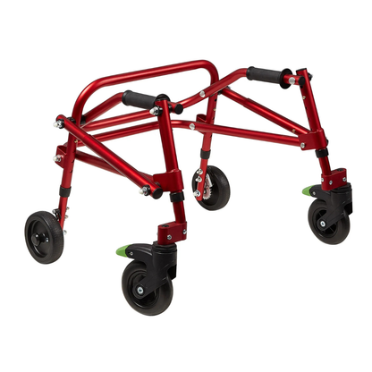 The Circle Specialty Klip Pediatric Posterior Walker is a red, lightweight, foldable special needs walker with four black wheels and foam hand grips, designed to enhance mobility assistance for children.
