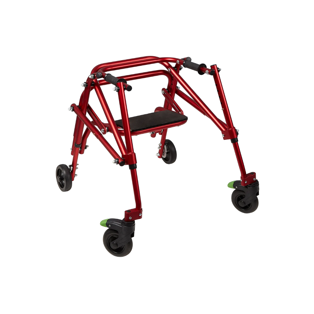 The Circle Specialty Klip Pediatric Posterior Walker is a height-adjustable, red walker with four black wheels, a small seat, and green front wheel accents, designed to provide mobility support for children with special needs.