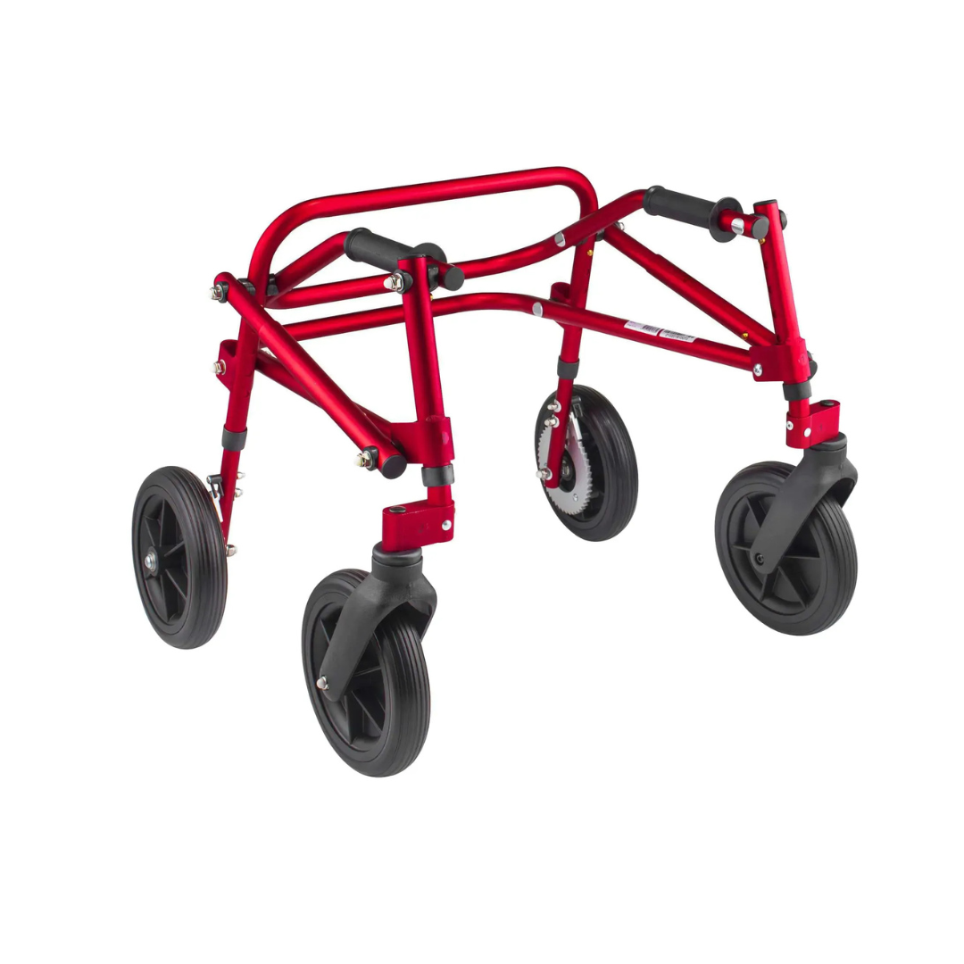 The Circle Specialty Klip Pediatric Posterior Walker, a red, lightweight mobility aid for children with black foam hand grips and rubber wheels, is displayed against a plain white background.