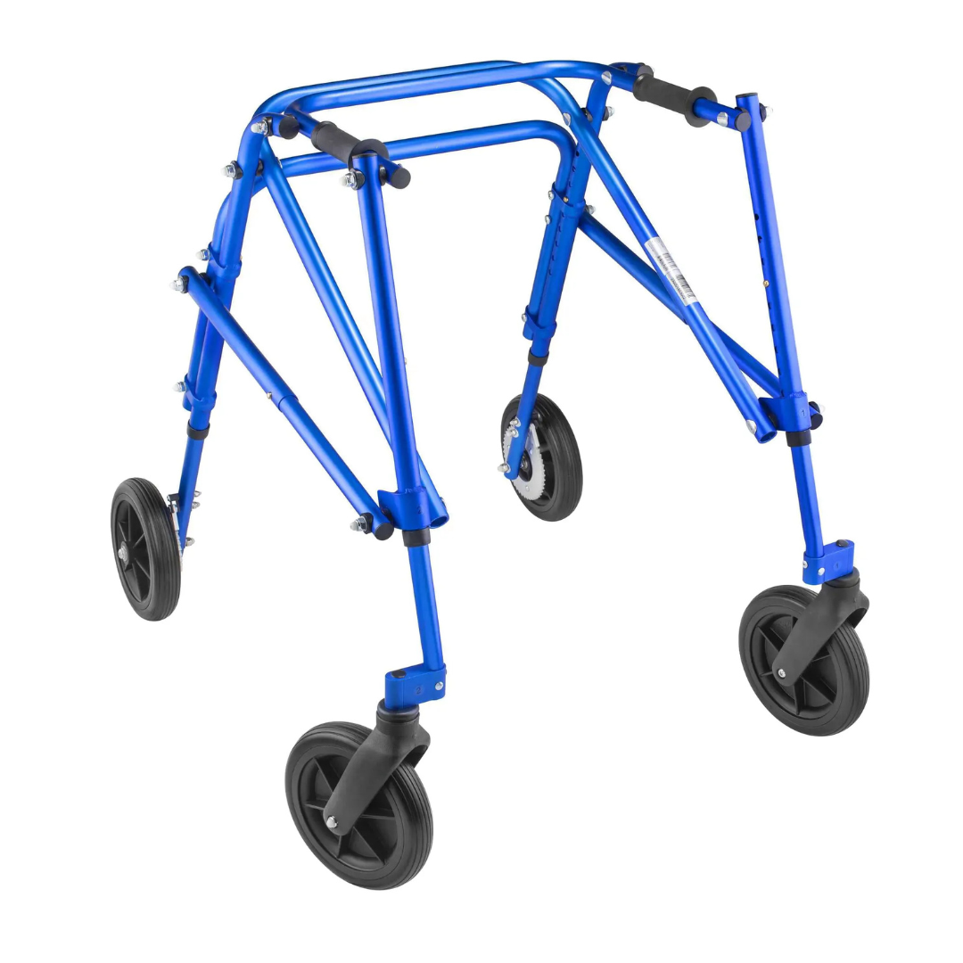 The Circle Specialty Klip Pediatric Posterior Walker is a blue, lightweight mobility aid with a metal frame, four black wheels, and black side grips—no seat included—ideal for special needs mobility assistance.