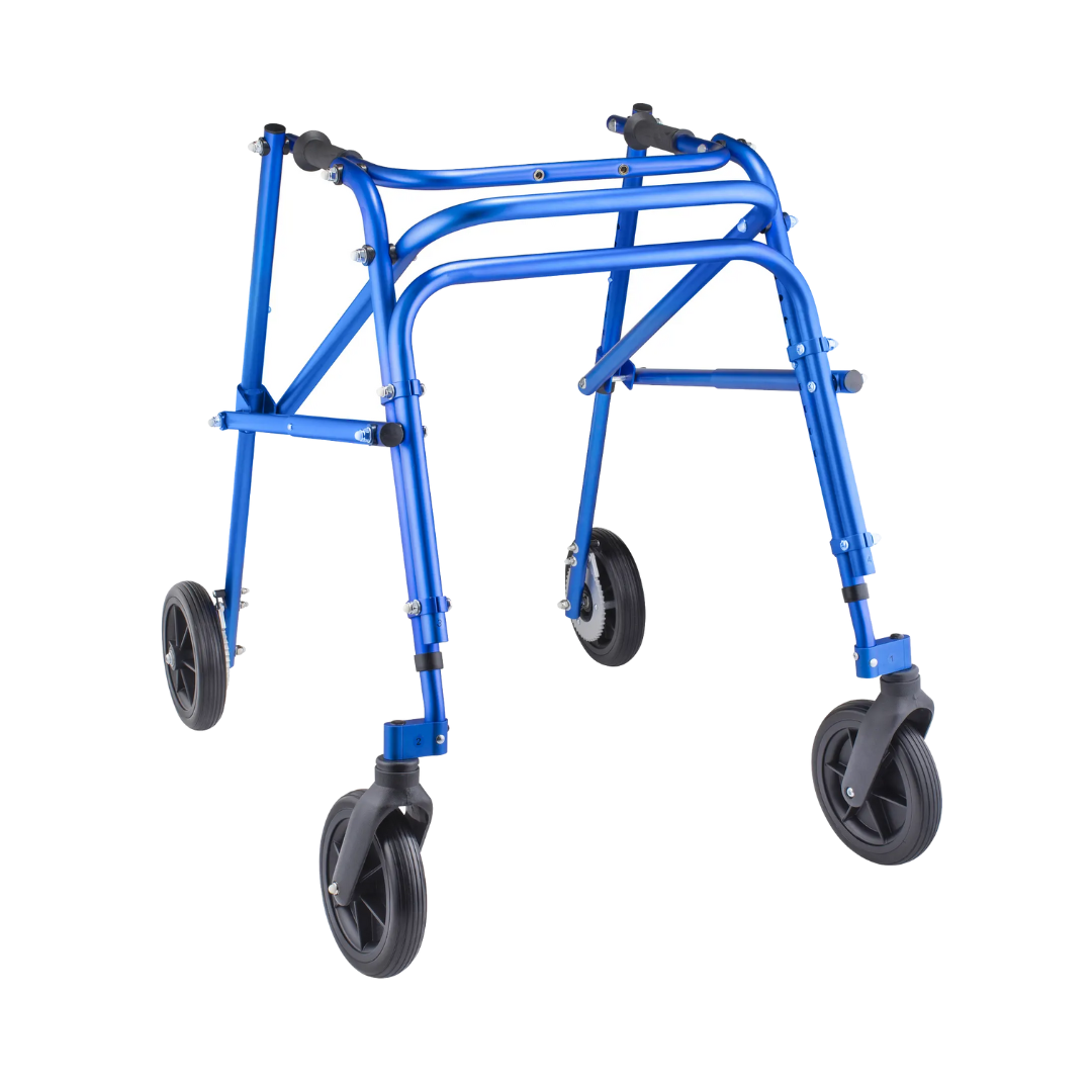 The Circle Specialty Klip Pediatric Posterior Walker, a blue aluminum lightweight mobility aid with four wheels for special needs, is shown against a white background.