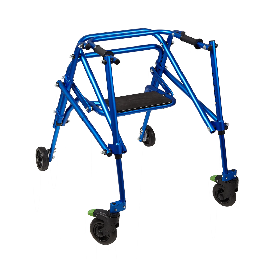 The Circle Specialty Klip Pediatric Posterior Walker is a blue, foldable, height-adjustable walker with four wheels, hand grips, and a black center seat—perfect for providing support and stability for children with special needs.