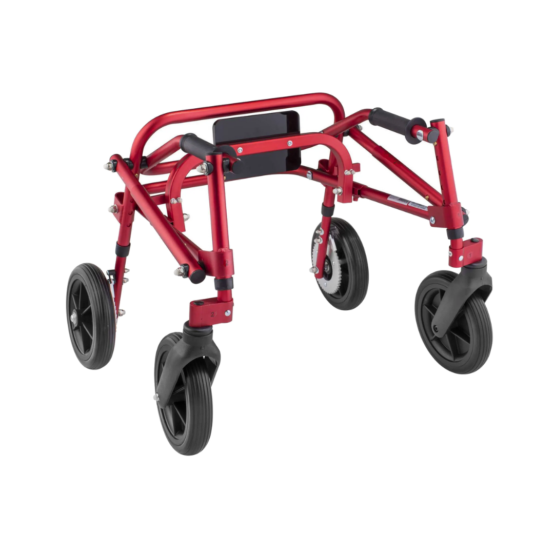 The Circle Specialty Klip Pediatric Posterior Walker is a red, lightweight mobility aid with black handles, large wheels, and a sturdy, foldable frame for special needs children—easy to transport and store.