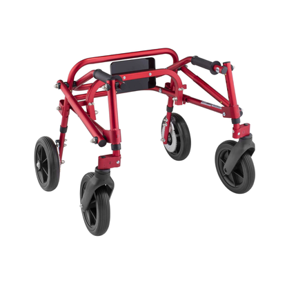 The Circle Specialty Klip Pediatric Posterior Walker is a red, lightweight mobility aid with black handles, large wheels, and a sturdy, foldable frame for special needs children—easy to transport and store.