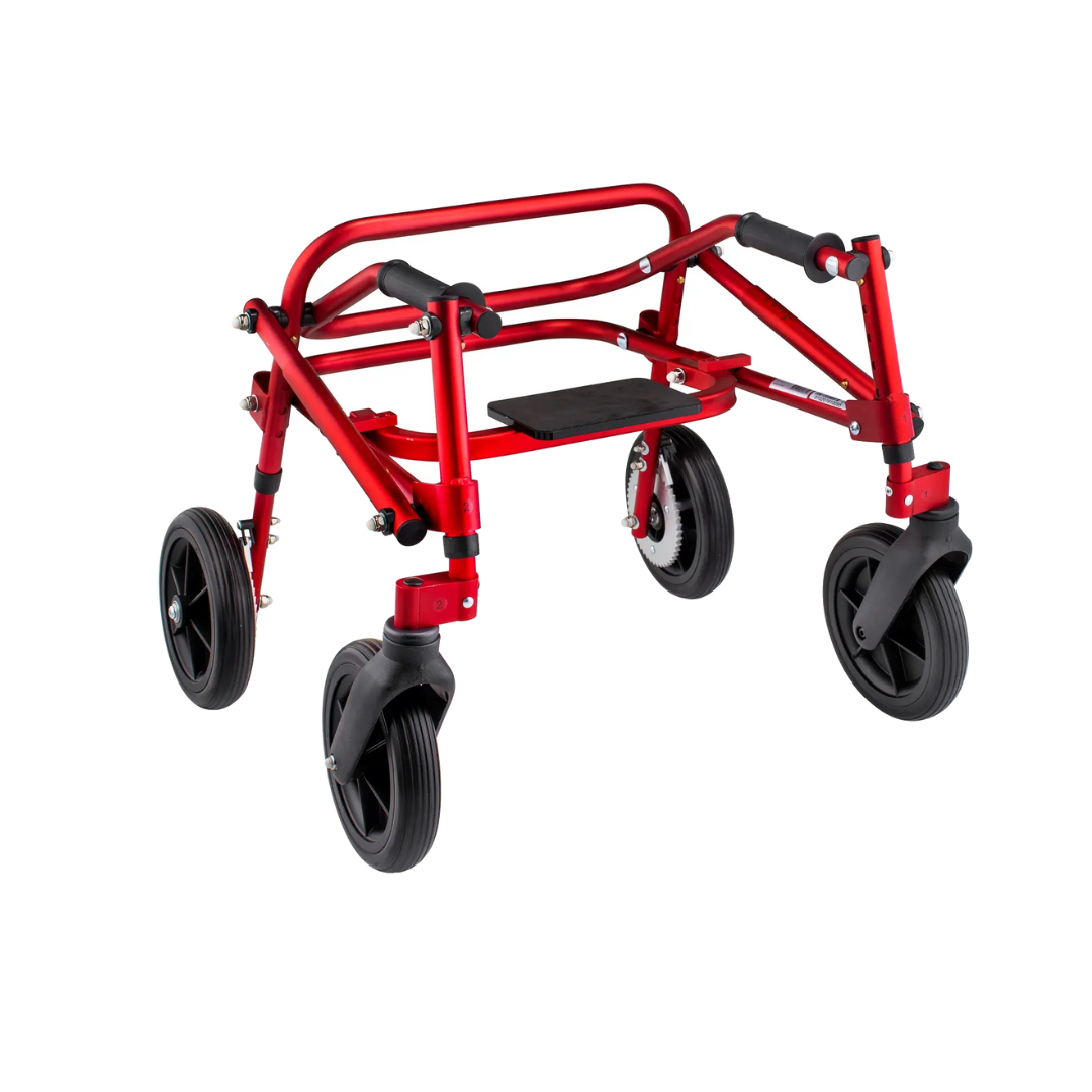 The Circle Specialty Klip Pediatric Posterior Walker is a red, foldable four-wheeled mobility aid with black handles, a black seat, and large black wheels, designed for reliable support for special needs users.