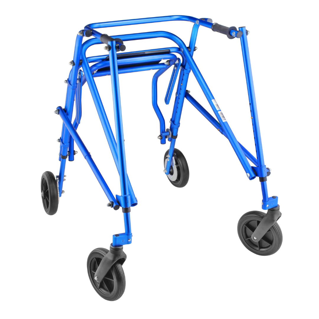 The Circle Specialty Klip Pediatric Posterior Walker features a blue, height-adjustable, lightweight metal frame with four wheels. It is shown partially folded, emphasizing its compact and portable design for enhanced mobility support.