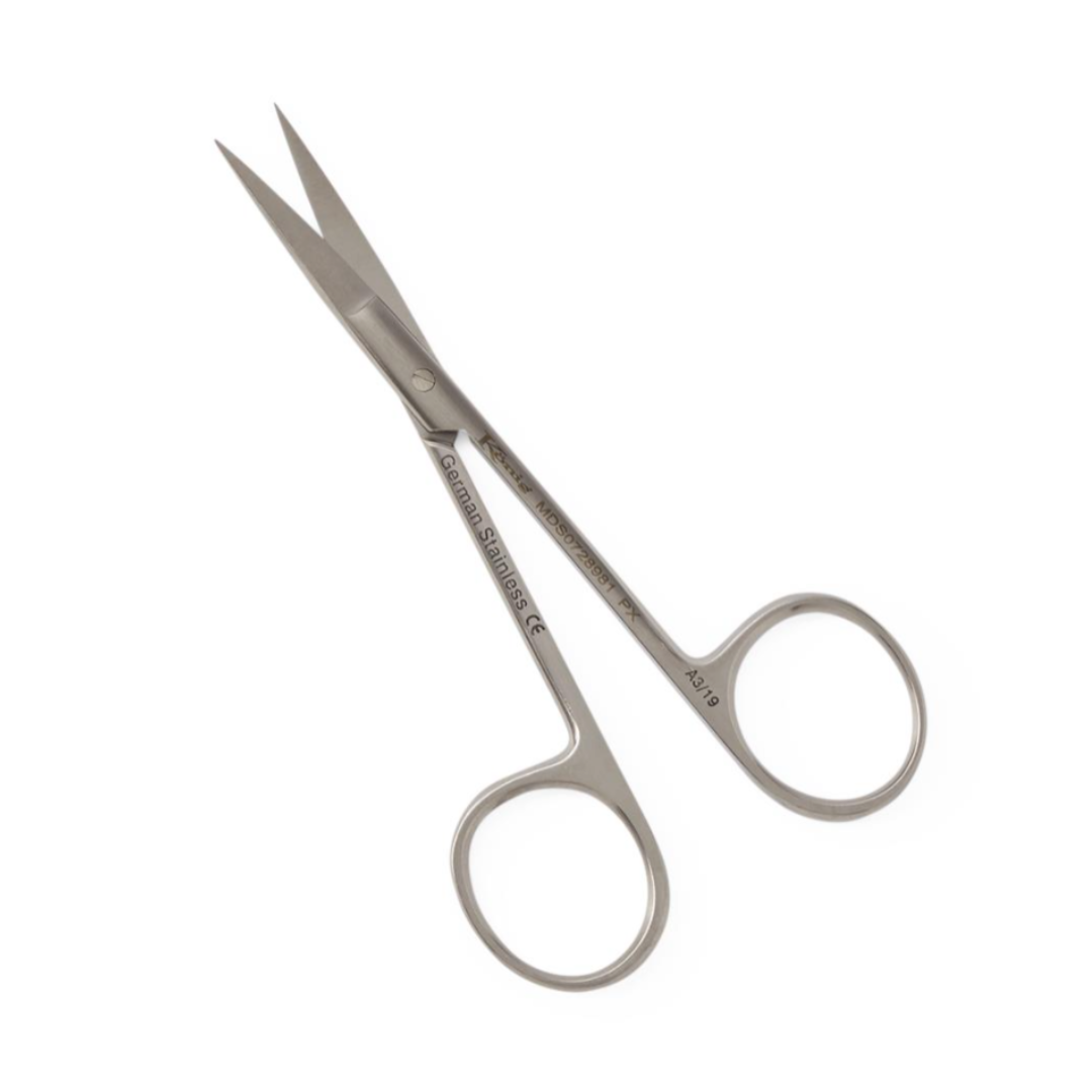 A pair of König Knapp Iris Scissors - Sharp/Sharp, small and stainless steel with curved blades and two finger rings, are positioned diagonally on a white background.