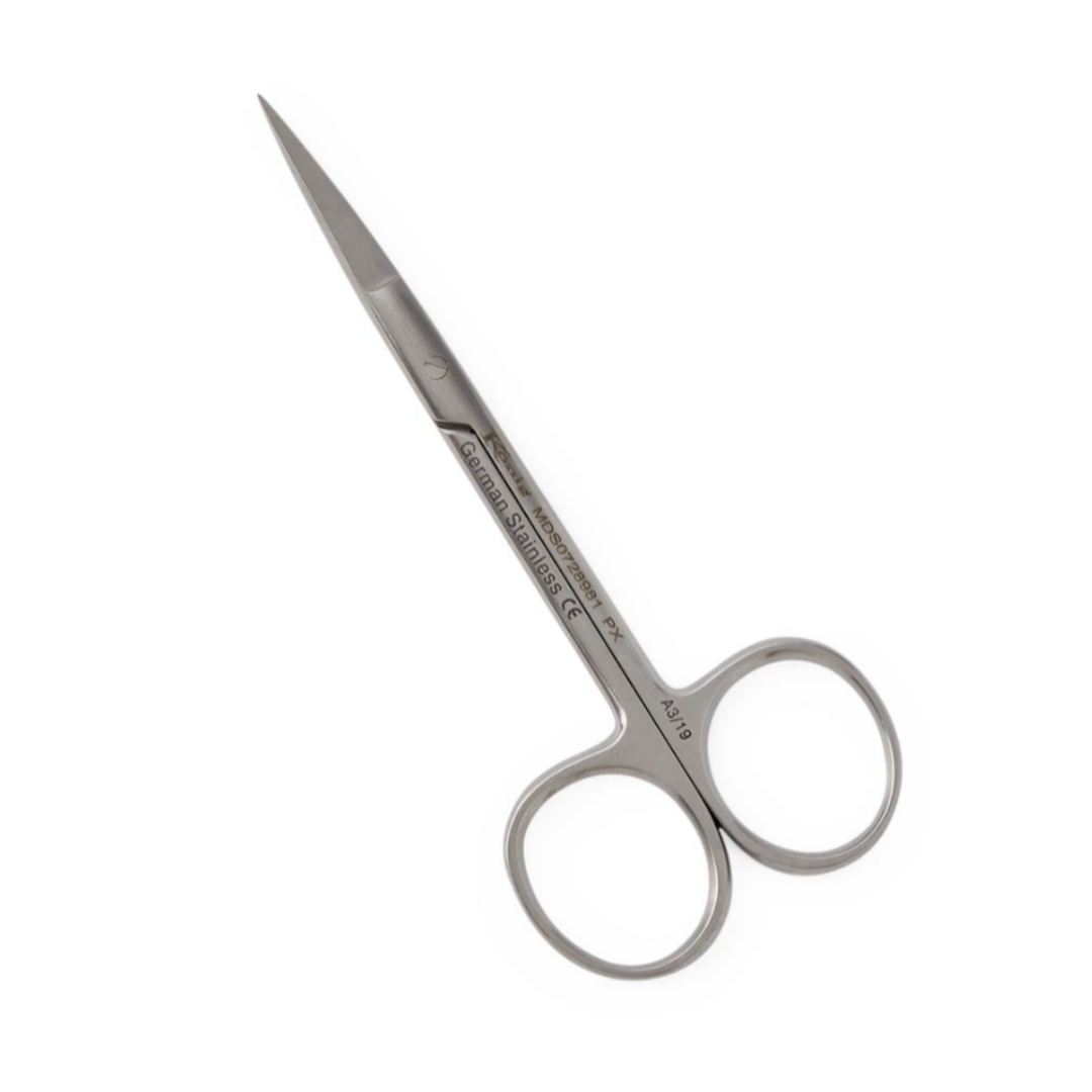 A pair of König Knapp Iris Scissors - Sharp/Sharp, small stainless steel with pointed blades and round finger holes, ideal for precision tasks, displayed on a white background.