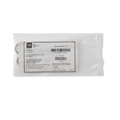 A sealed medical pouch labeled "König Knapp Iris Scissors - Sharp/Sharp" contains stainless steel surgical scissors, with product details, instructions, and manufacturer info visible on the packaging. The pouch is shown on a plain white background.
